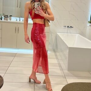 1. State Red Sequin Sheer midi skirt Pencil Skirt